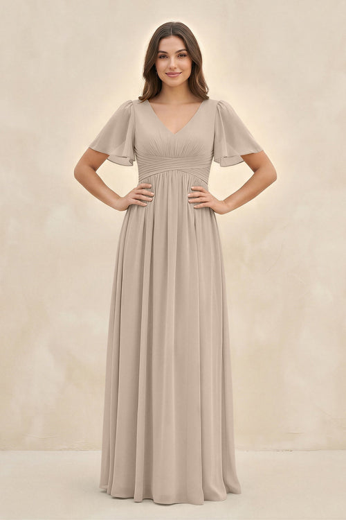 Short Sleeve Chiffon V - Neck A - Line Bridesmaid Dress in Almond - KissProm Bridesmaid Dresses