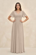 Short Sleeve Chiffon V - Neck A - Line Bridesmaid Dress in Almond - KissProm Bridesmaid Dresses