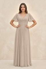 Short Sleeve Chiffon V - Neck A - Line Bridesmaid Dress in Almond - KissProm Bridesmaid Dresses