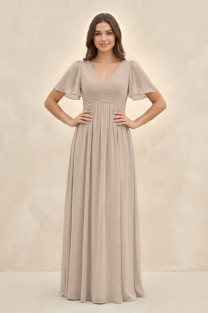 Short Sleeve Chiffon V - Neck A - Line Bridesmaid Dress in Almond - KissProm Bridesmaid Dresses