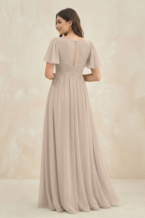 Short Sleeve Chiffon V - Neck A - Line Bridesmaid Dress in Almond - KissProm Bridesmaid Dresses