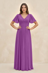 Short Sleeve Chiffon V - Neck A - Line Bridesmaid Dress in Amethyst - KissProm Bridesmaid Dresses