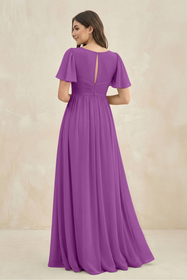 Short Sleeve Chiffon V - Neck A - Line Bridesmaid Dress in Amethyst - KissProm Bridesmaid Dresses