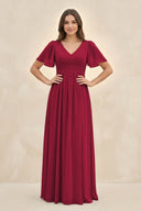 Short Sleeve Chiffon V - Neck A - Line Bridesmaid Dress in Berry - KissProm Bridesmaid Dresses