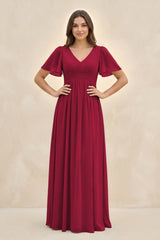 Short Sleeve Chiffon V - Neck A - Line Bridesmaid Dress in Berry - KissProm Bridesmaid Dresses