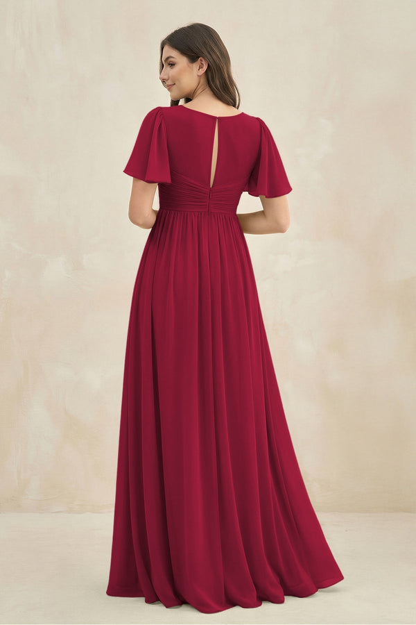 Short Sleeve Chiffon V - Neck A - Line Bridesmaid Dress in Berry - KissProm Bridesmaid Dresses