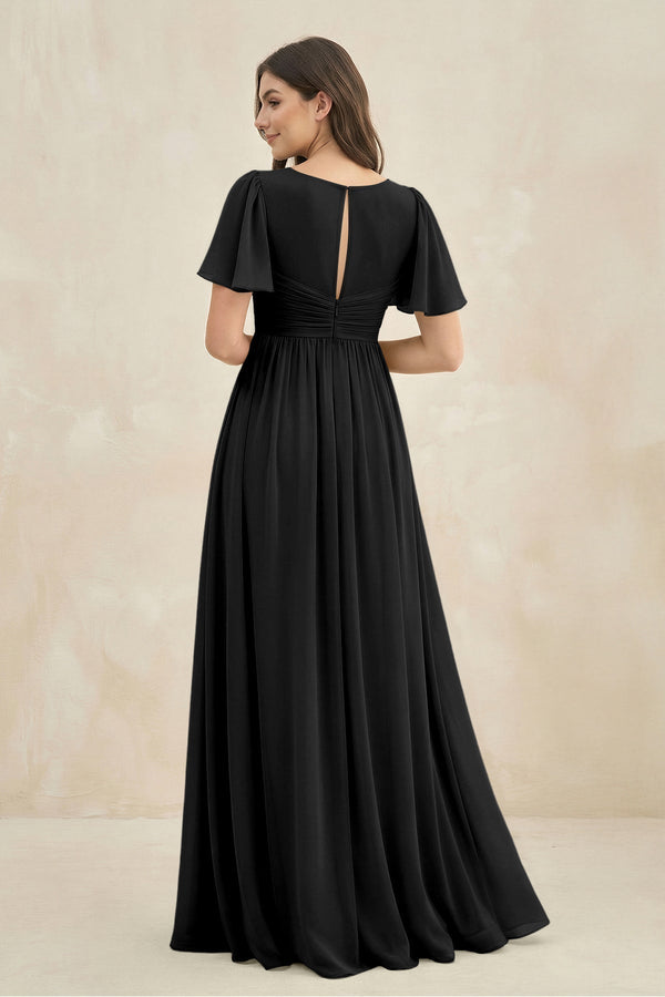Short Sleeve Chiffon V - Neck A - Line Bridesmaid Dress in Black - KissProm Bridesmaid Dresses