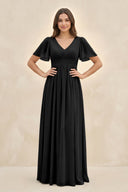 Short Sleeve Chiffon V - Neck A - Line Bridesmaid Dress in Black - KissProm Bridesmaid Dresses