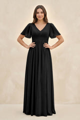 Short Sleeve Chiffon V - Neck A - Line Bridesmaid Dress in Black - KissProm Bridesmaid Dresses