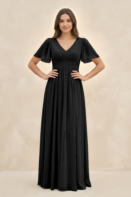 Short Sleeve Chiffon V - Neck A - Line Bridesmaid Dress in Black - KissProm Bridesmaid Dresses