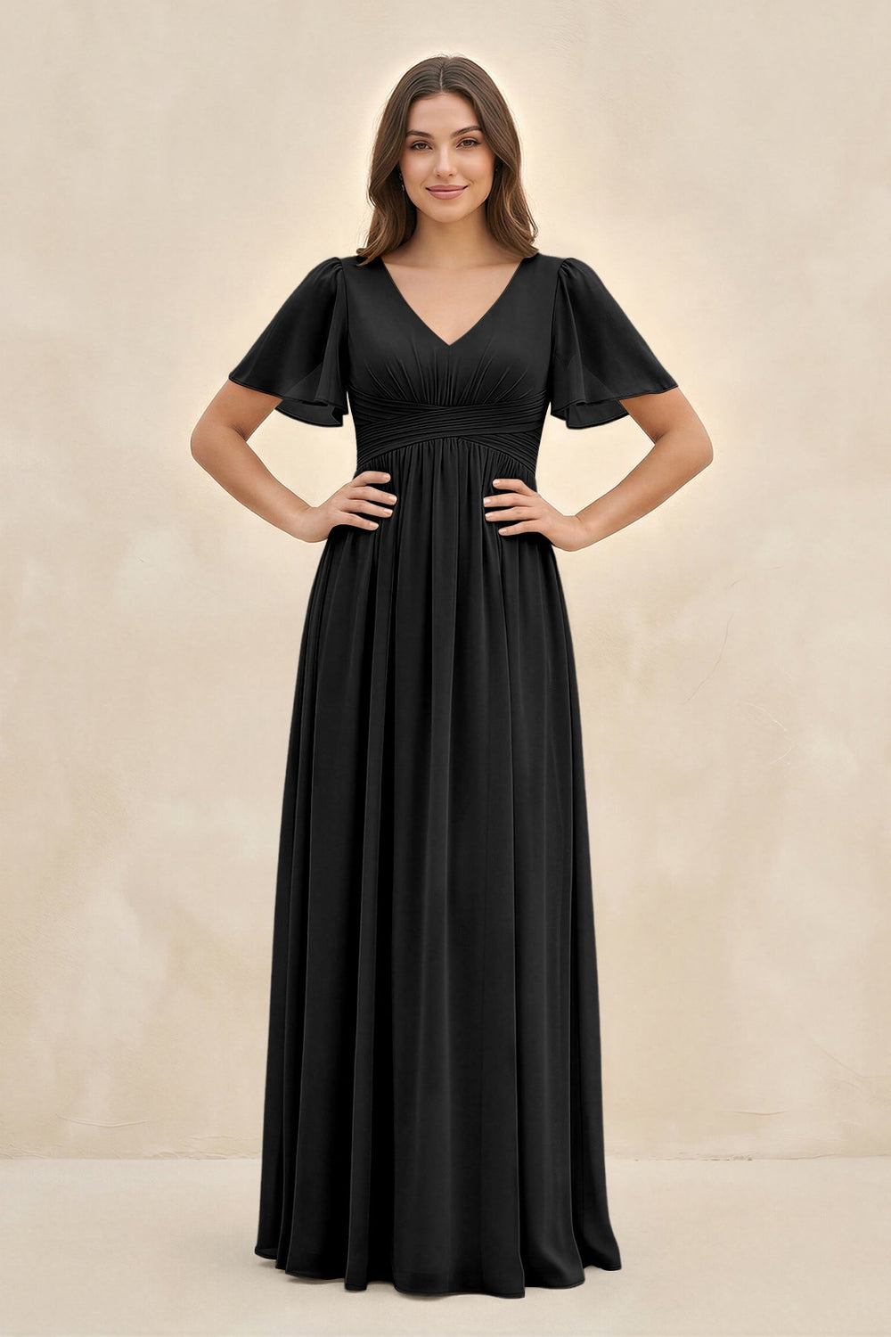 Short Sleeve Chiffon V - Neck A - Line Bridesmaid Dress in Black - KissProm Bridesmaid Dresses