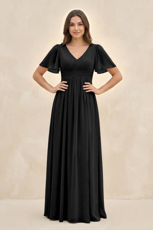 Short Sleeve Chiffon V - Neck A - Line Bridesmaid Dress in Black - KissProm Bridesmaid Dresses