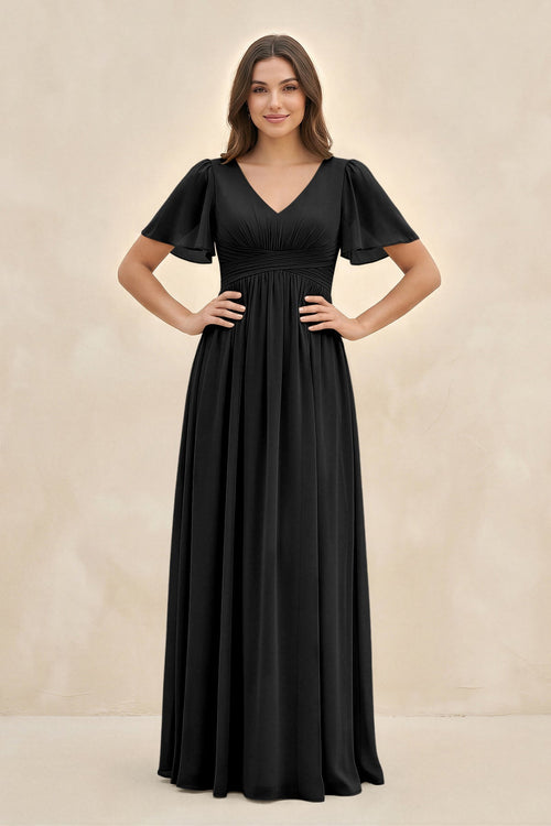 blue mix match bridesmaid dresses Short Sleeve Chiffon V-Neck A-Line Bridesmaid Dress in Black