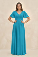 Short Sleeve Chiffon V - Neck A - Line Bridesmaid Dress in Blue Jay - KissProm Bridesmaid Dresses