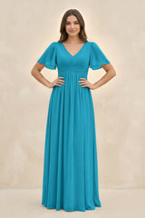 Short Sleeve Chiffon V - Neck A - Line Bridesmaid Dress in Blue Jay - KissProm Bridesmaid Dresses