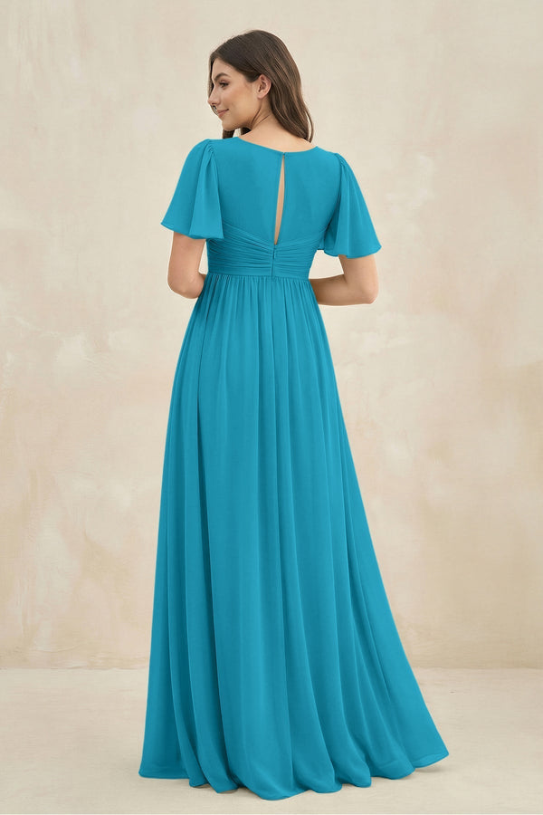 Short Sleeve Chiffon V - Neck A - Line Bridesmaid Dress in Blue Jay - KissProm Bridesmaid Dresses