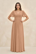 Short Sleeve Chiffon V - Neck A - Line Bridesmaid Dress in Bronzer - KissProm Bridesmaid Dresses
