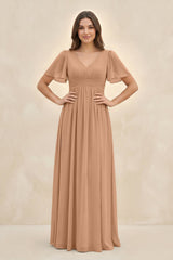 Short Sleeve Chiffon V - Neck A - Line Bridesmaid Dress in Bronzer - KissProm Bridesmaid Dresses