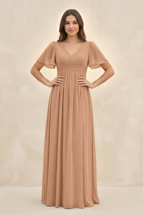 Short Sleeve Chiffon V - Neck A - Line Bridesmaid Dress in Bronzer - KissProm Bridesmaid Dresses
