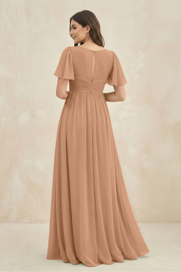 Short Sleeve Chiffon V - Neck A - Line Bridesmaid Dress in Bronzer - KissProm Bridesmaid Dresses