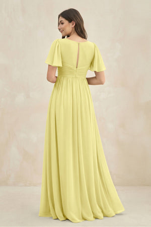 Short Sleeve Chiffon V - Neck A - Line Bridesmaid Dress in Buttercup - KissProm Bridesmaid Dresses