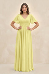 Short Sleeve Chiffon V - Neck A - Line Bridesmaid Dress in Buttercup - KissProm Bridesmaid Dresses
