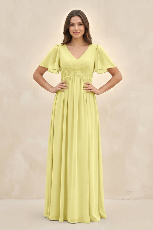 Short Sleeve Chiffon V - Neck A - Line Bridesmaid Dress in Buttercup - KissProm Bridesmaid Dresses