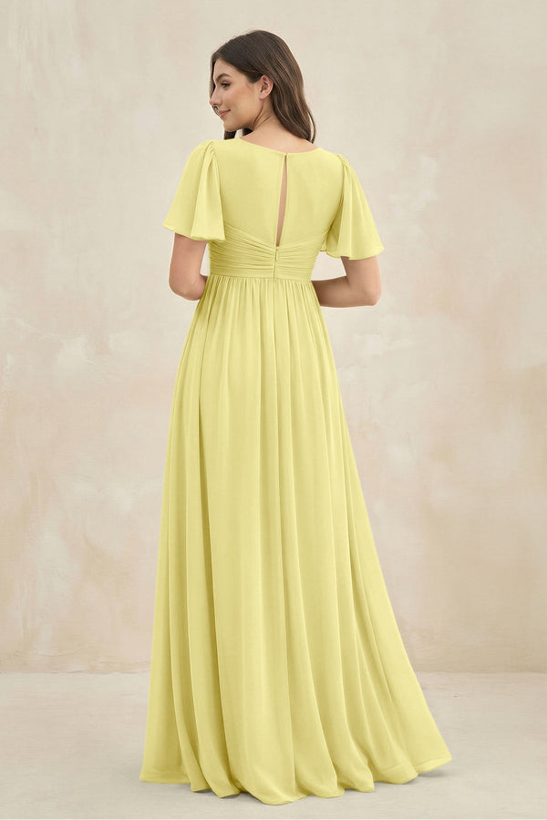 Short Sleeve Chiffon V - Neck A - Line Bridesmaid Dress in Buttercup - KissProm Bridesmaid Dresses