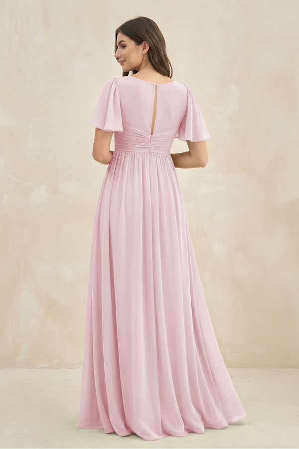 Short Sleeve Chiffon V - Neck A - Line Bridesmaid Dress in Candy Pink - KissProm Bridesmaid Dresses