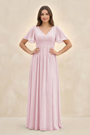 Short Sleeve Chiffon V - Neck A - Line Bridesmaid Dress in Candy Pink - KissProm Bridesmaid Dresses
