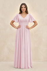Short Sleeve Chiffon V - Neck A - Line Bridesmaid Dress in Candy Pink - KissProm Bridesmaid Dresses