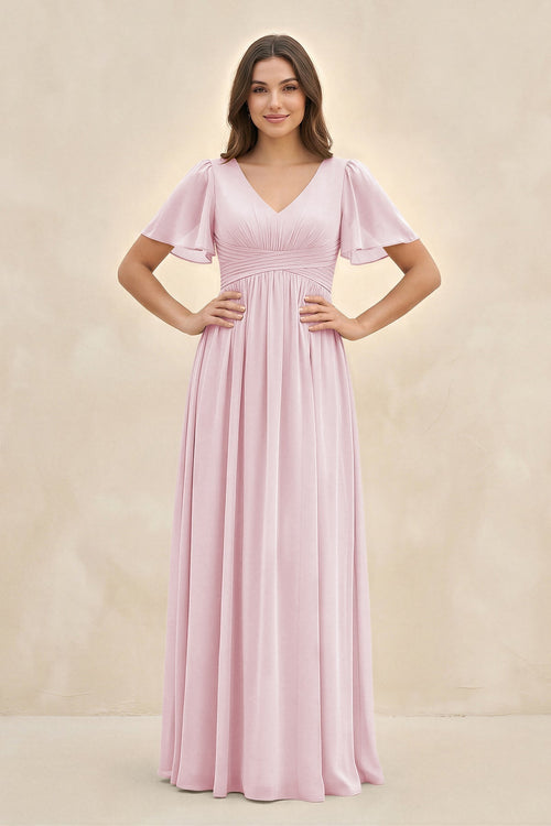 Short Sleeve Chiffon V - Neck A - Line Bridesmaid Dress in Candy Pink - KissProm Bridesmaid Dresses