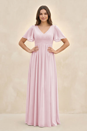 Short Sleeve Chiffon V - Neck A - Line Bridesmaid Dress in Candy Pink - KissProm Bridesmaid Dresses