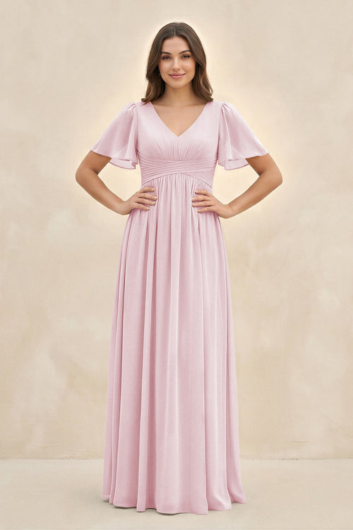 altered bridesmaid dress Blush Pink A-Line Chiffon Bridesmaid Dress with Pleated V-Neck - Pink Bridesmaid Dresses with Keyhole Back - Multiple Color