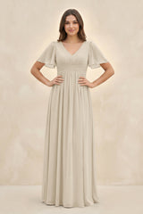 Short Sleeve Chiffon V - Neck A - Line Bridesmaid Dress in Champagne - KissProm Bridesmaid Dresses