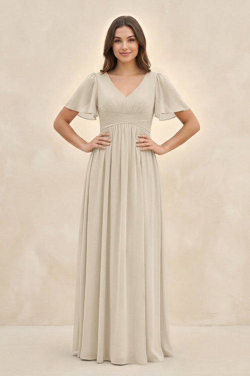 Short Sleeve Chiffon V - Neck A - Line Bridesmaid Dress in Champagne - KissProm Bridesmaid Dresses