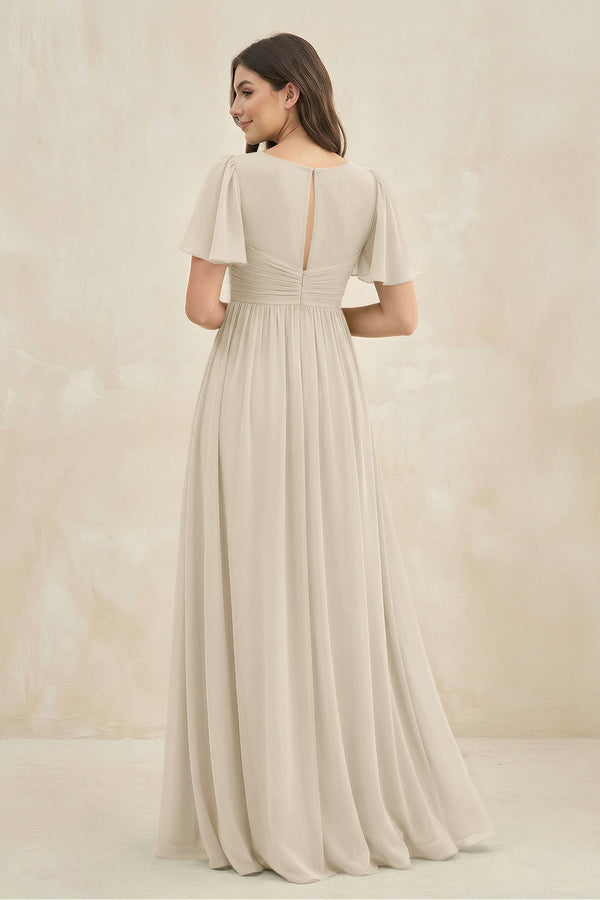 Short Sleeve Chiffon V - Neck A - Line Bridesmaid Dress in Champagne - KissProm Bridesmaid Dresses