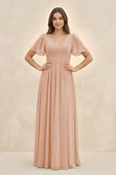 Short Sleeve Chiffon V - Neck A - Line Bridesmaid Dress in Champagne Rose - KissProm Bridesmaid Dresses