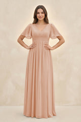 Short Sleeve Chiffon V - Neck A - Line Bridesmaid Dress in Champagne Rose - KissProm Bridesmaid Dresses