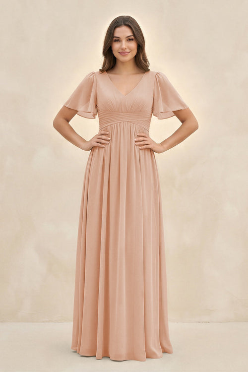 Short Sleeve Chiffon V - Neck A - Line Bridesmaid Dress in Champagne Rose - KissProm Bridesmaid Dresses