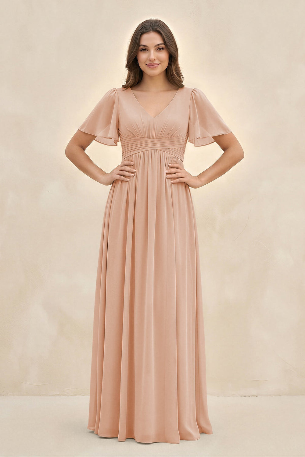 Short Sleeve Chiffon V - Neck A - Line Bridesmaid Dress in Champagne Rose - KissProm Bridesmaid Dresses