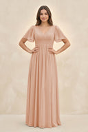 Short Sleeve Chiffon V - Neck A - Line Bridesmaid Dress in Champagne Rose - KissProm Bridesmaid Dresses