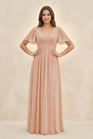 Short Sleeve Chiffon V - Neck A - Line Bridesmaid Dress in Champagne Rose - KissProm Bridesmaid Dresses
