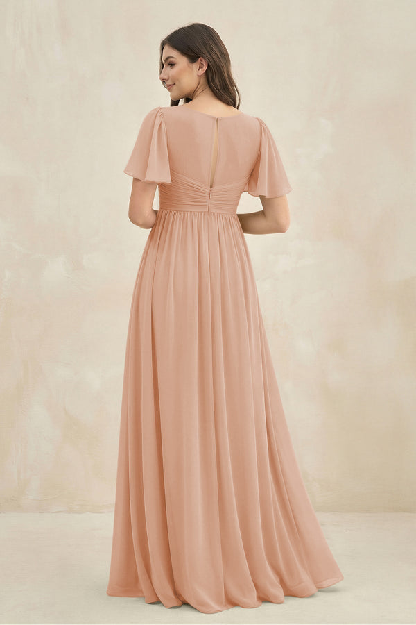 Short Sleeve Chiffon V - Neck A - Line Bridesmaid Dress in Champagne Rose - KissProm Bridesmaid Dresses