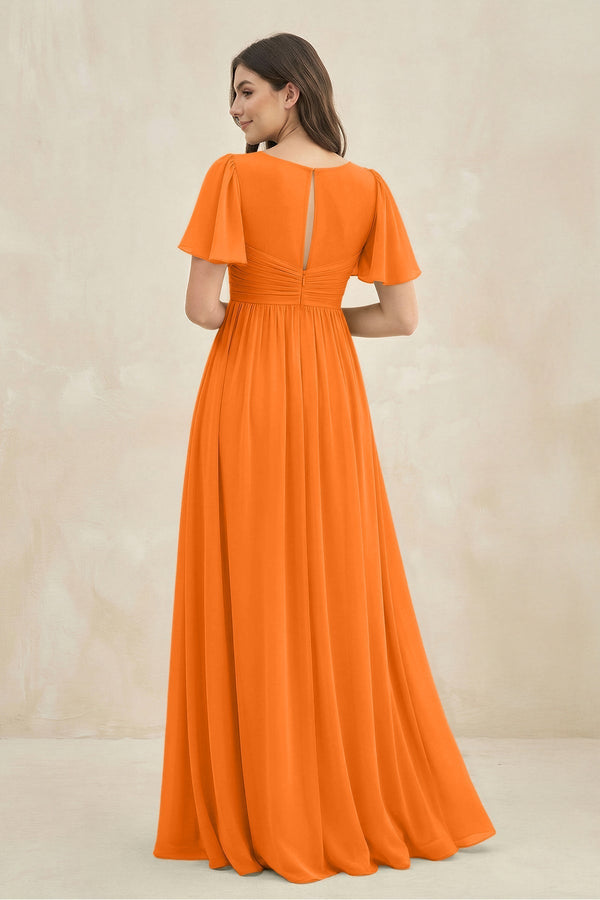 Short Sleeve Chiffon V - Neck A - Line Bridesmaid Dress in Cinnamon - KissProm Bridesmaid Dresses
