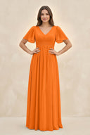 Short Sleeve Chiffon V - Neck A - Line Bridesmaid Dress in Cinnamon - KissProm Bridesmaid Dresses