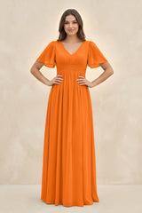 Short Sleeve Chiffon V - Neck A - Line Bridesmaid Dress in Cinnamon - KissProm Bridesmaid Dresses