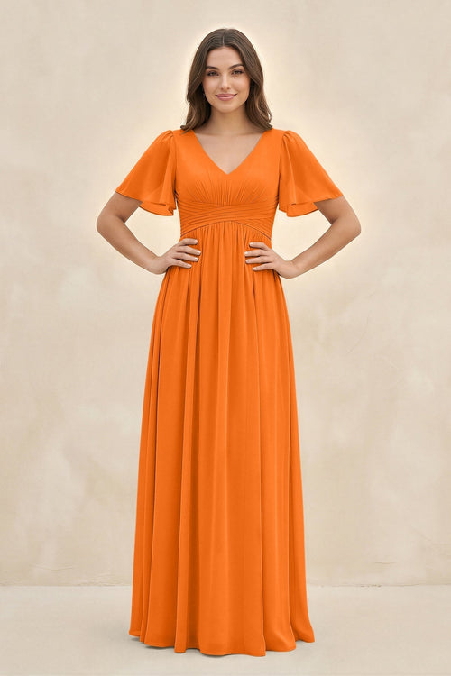 Short Sleeve Chiffon V - Neck A - Line Bridesmaid Dress in Cinnamon - KissProm Bridesmaid Dresses