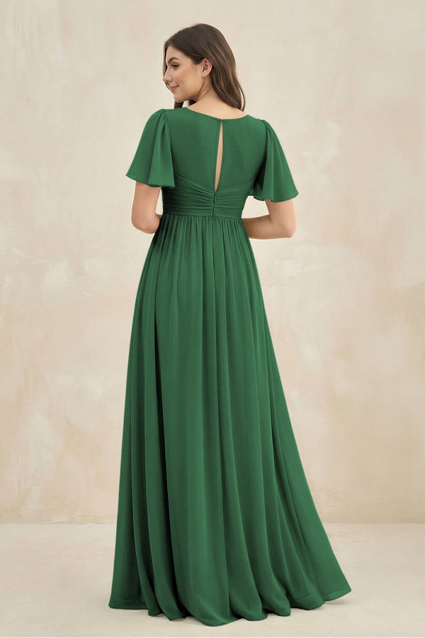 Short Sleeve Chiffon V - Neck A - Line Bridesmaid Dress in Dark Green - KissProm Bridesmaid Dresses