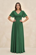 Short Sleeve Chiffon V - Neck A - Line Bridesmaid Dress in Dark Green - KissProm Bridesmaid Dresses